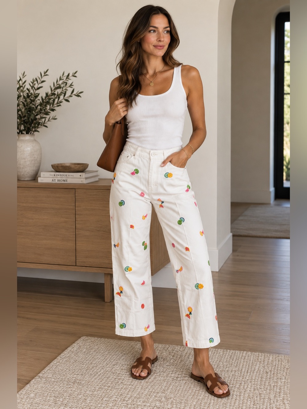 Northern Isles Women's White Embroidered Wide-Leg Crop Pants size 8